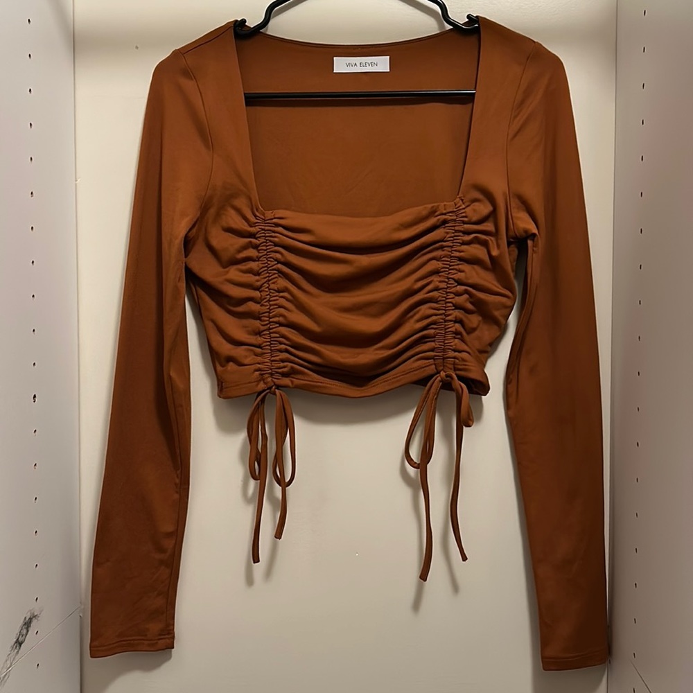 Brown Fitted Long Sleeve Cropped Shirt